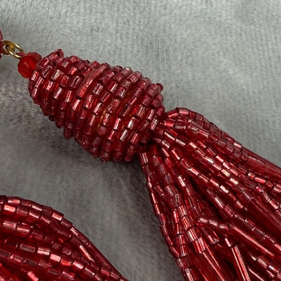 Beaded Red Tassel Pierced Earrings Statement Jewelry Gold Tone Back Vibrant Boho - Picture 9 of 16